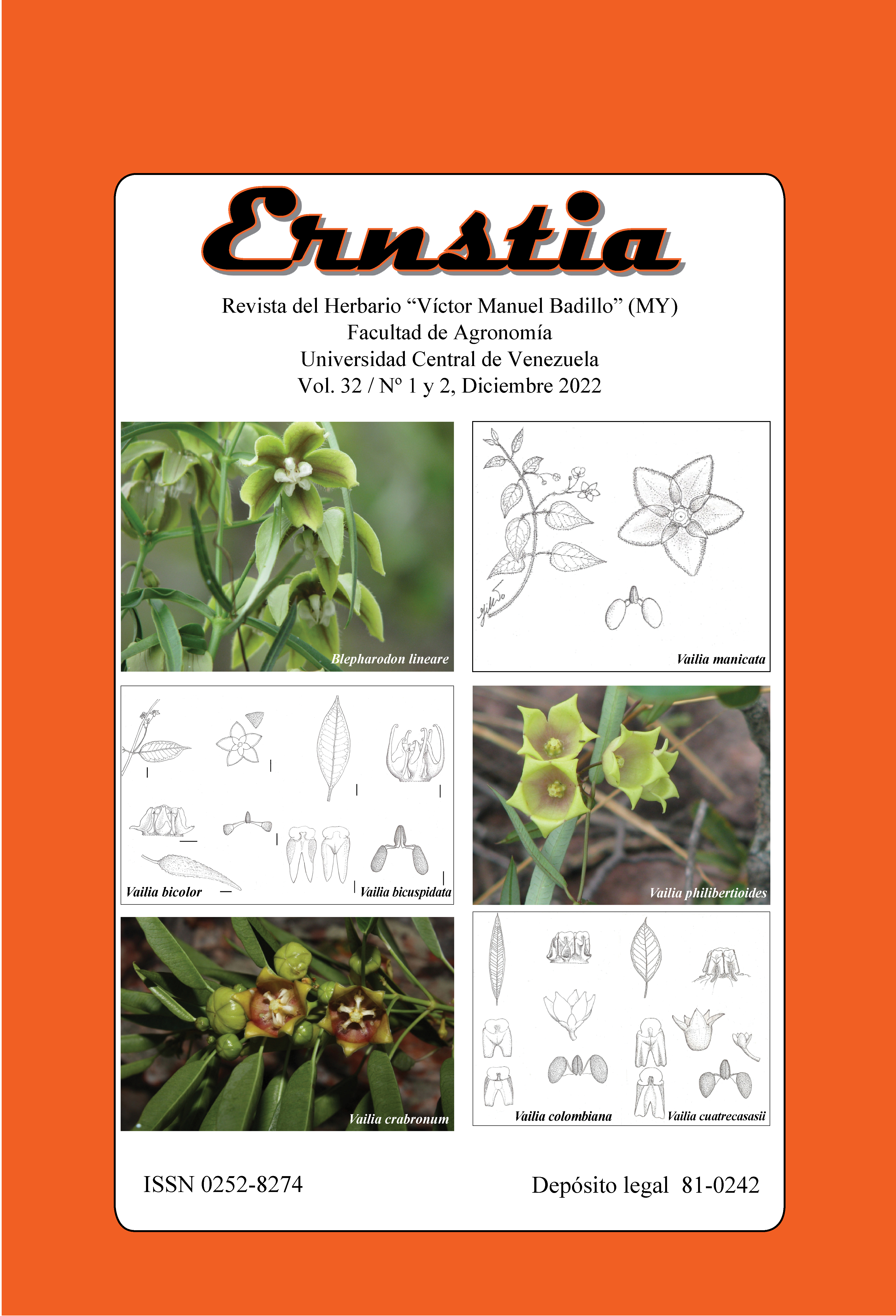 ERNSTIA, revista en línea del Herbario “Víctor M. Badillo” (MY) de la Facultad de Agronomía de la Universidad Central de Venezuela, de periodicidad semestral, está dedicada a la publicación de trabajos originales e inéditos, donde se estudie la flora y vegetación neotropical, dando prioridad a temas de sistemática e incluyendo también temas relacionados (morfología, anatomía, ecología, florística, fitogeografía y recursos fitogenéticos, entre otros). Se debe destacar que se pueden publicar trabajos referentes a todos los grupos de plantas y organismos relacionados (cianobacterias, algas, hongos y líquenes). 